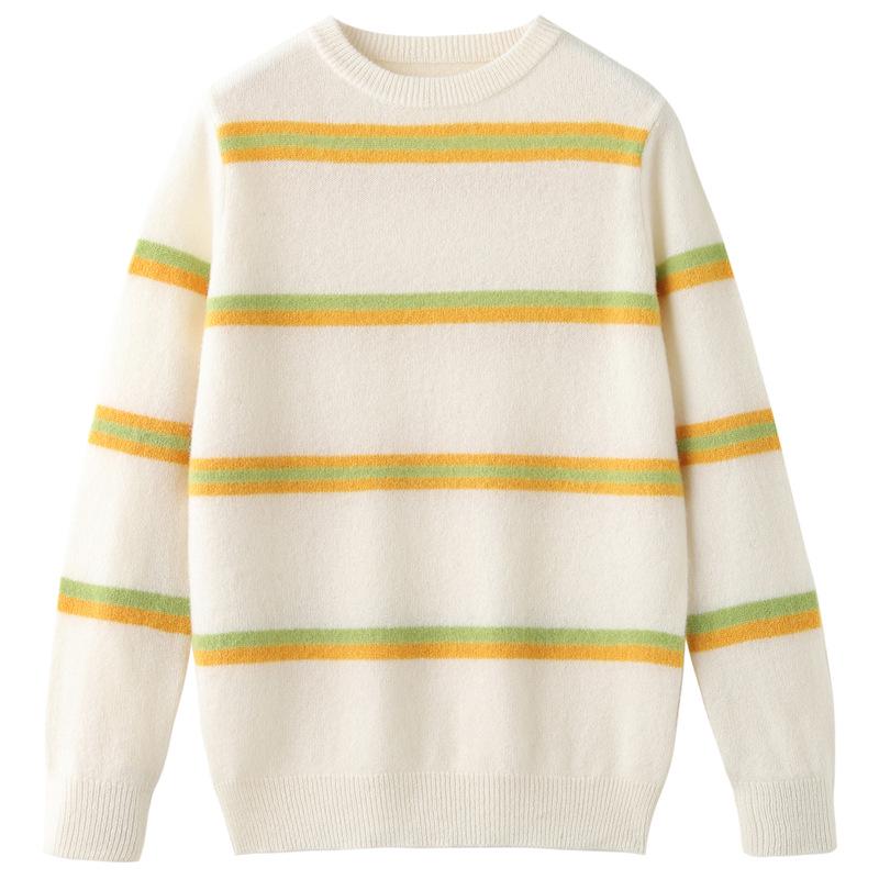 Striped Crew Neck Wool Sweater for Boys & Girls - Autumn/Winter Slimming Base Layer Knitwear, Loose Short Elegant Style.