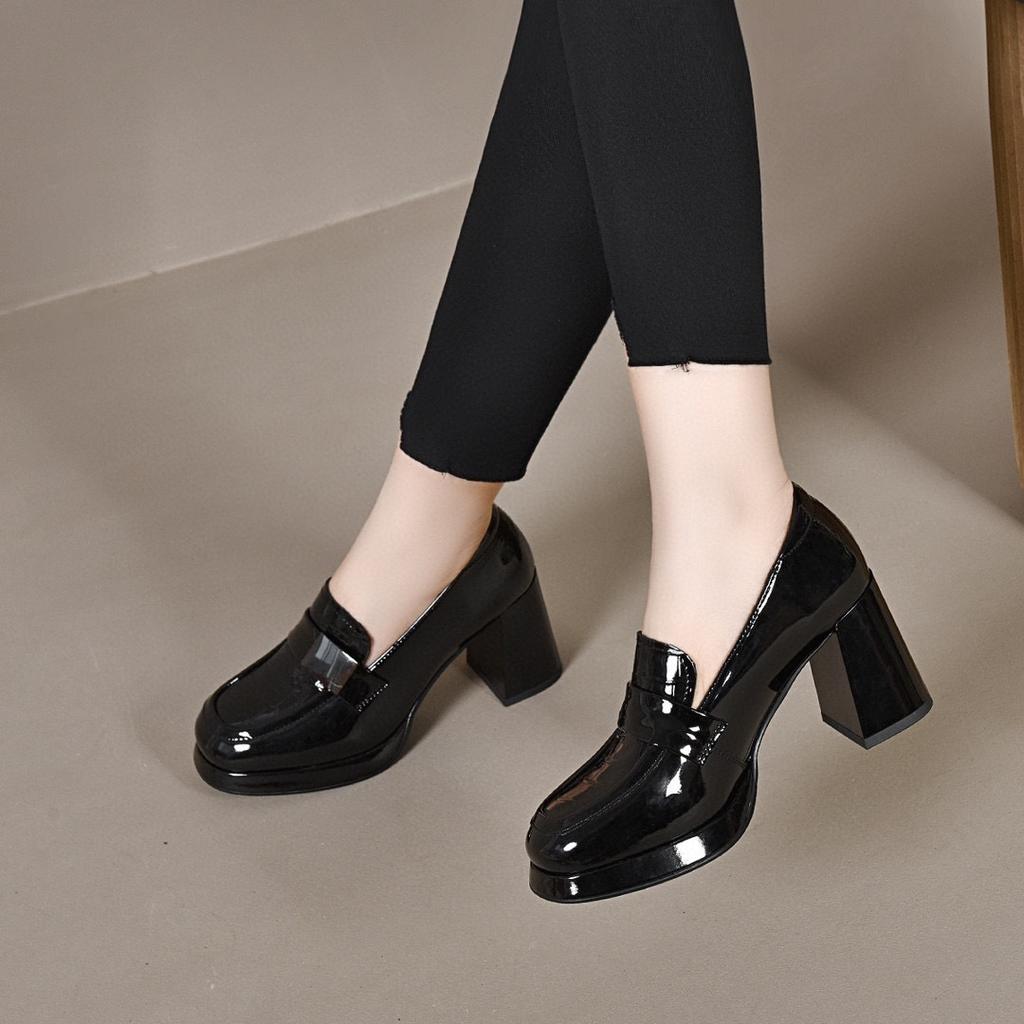 Женские туфли на высоком каблуке, новинка осени, водонепроницаемые туфли из лакированной коровьей кожи на толстом каблуке-таблетке, женские туфли-лодочки с глубоким вырезом, модная обувь с квадратной пряжкой, кожаная обувь