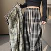 Women's Retro Plaid High-Waist Wide-Leg Pants - Spring/Summer 2024 Korean Style with Lace-Up Detail