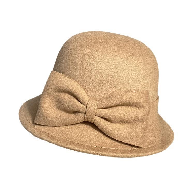Women's autumn and winter wool woolen bow basin hat fashionable and simple small-brimmed bucket hat celebrity elegant felt top hat