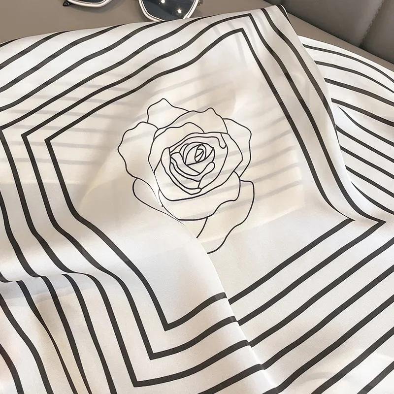Luxury Stripe Print Silk Square Scarf Women Floral Soft Satin Hairband Kerchief Neckerchief Hijab Headband Foulard Bag Ribbons