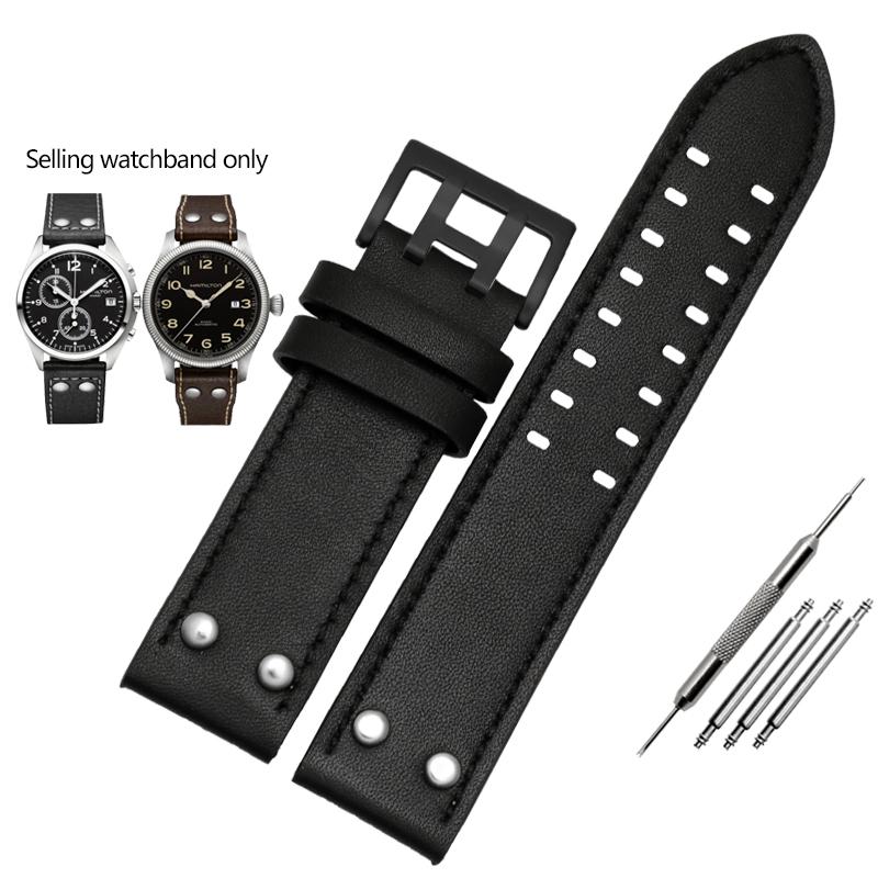 ОДИННатуральная кожаный ремешок для часов Hamilton Khaki Aviation Field Series Мужской ремешок Браслет с заклепками Коричневый 20мм 22ммMN