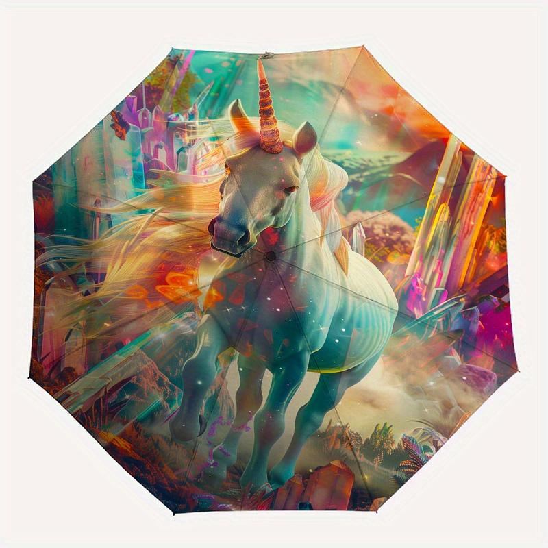 Unicorn Fantasy Theme 8 Bone Hand Automatic Folding Fashion umbrella, Compact and Portable Design, A Perfect Gift for Birthday, Christmas or