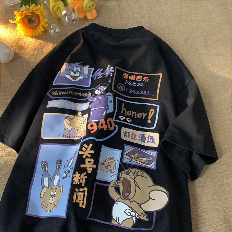 Fat mm cartoon t-shirt women's design sense niche summer loose student short sleeve ins trendy sweet and spicy top large size women's clothing