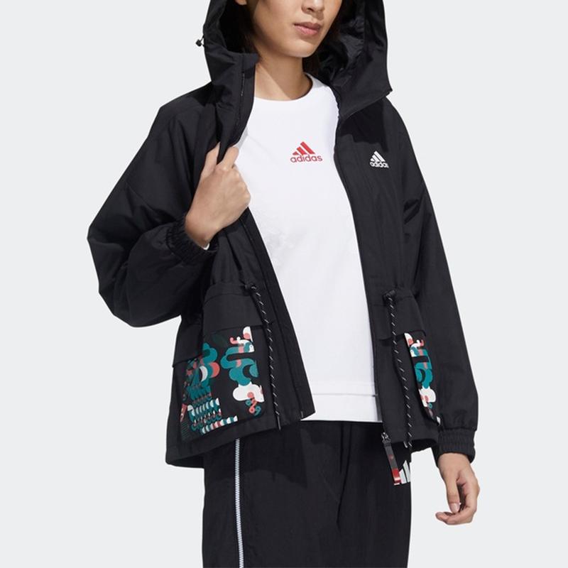 adidas Куртка серии Cny спортивная тренировочная печатная тканая куртка с капюшоном женские куртки черные GP0624