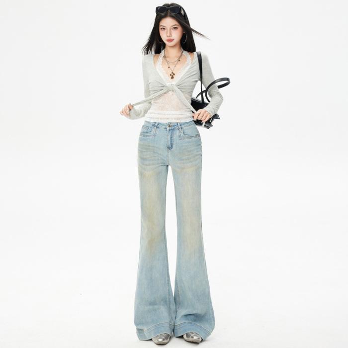 Spring new elastic flared pants Korean Spice Girls retro style women's jeans light blue trousers