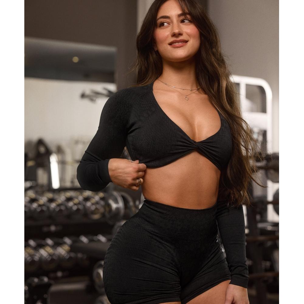 Gymshark Бесшовный топ с длинными рукавами Adapt X Whitney Animal, черный, асфальтово-серый B3b2j Bc3d