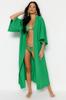 Women's Fashion New Kimono&Kaftan Green Belted Maxi Woven Linen Look KimonoKaftan