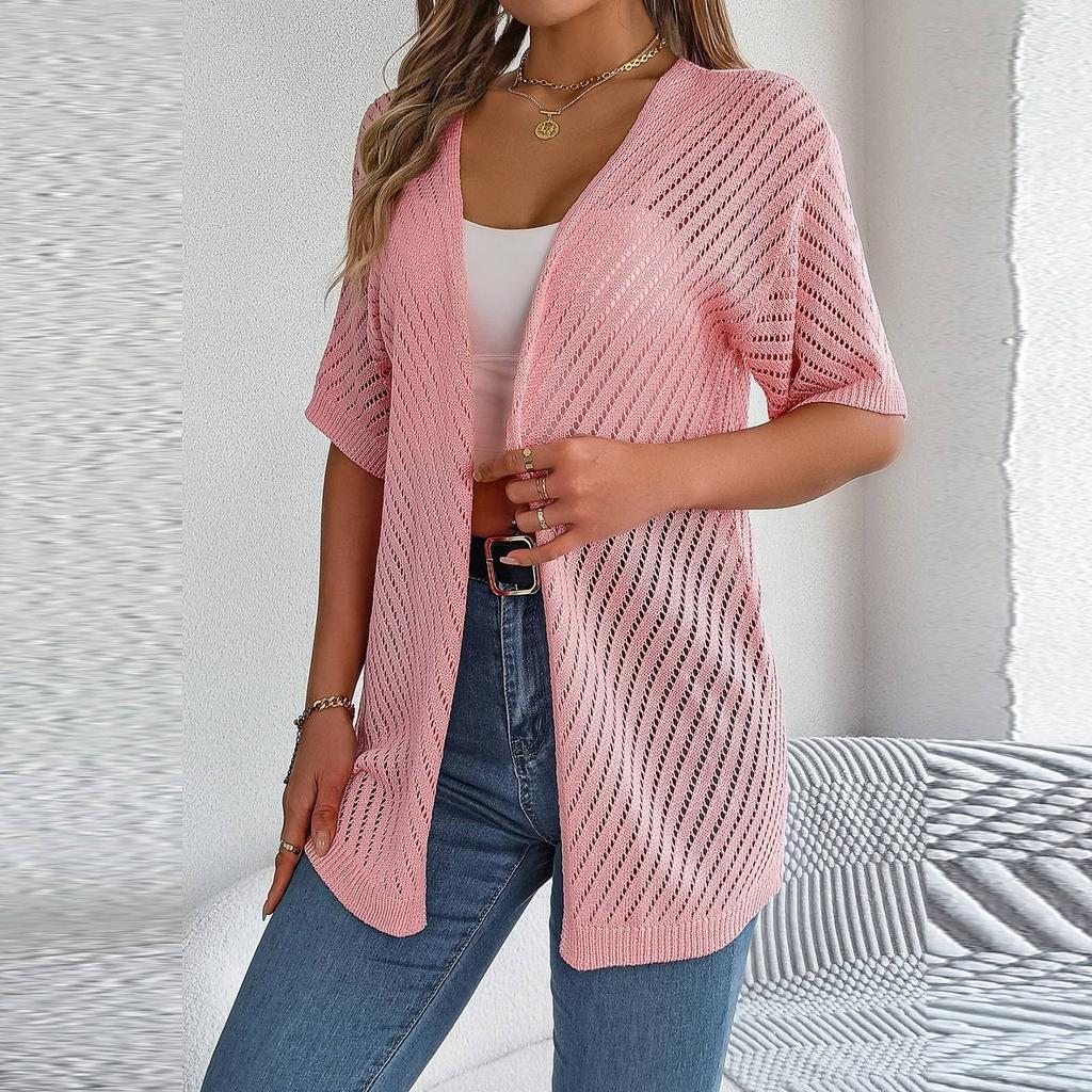 Женская модная повседневная трикотажная рубашка с короткими рукавами и солнцезащитным кремом для отдыха, однотонная куртка-кардиган