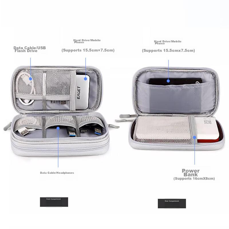 Xinqin Digital Bag Travel Data Cable Storage Pouch, Portable Power Bank Earphone USB Drive Charging Case Organizer, Gray Double-Layer
