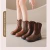 Real Soft Leather~ Travel British Style Short Boots Women's Brown Retro European and American Embroidery Western Cowboy Boots Knight Boots Martin