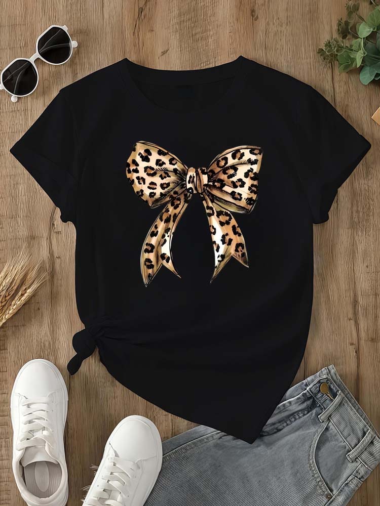 Summer New s Leopard Print Bow Short Sleeve Print Clothing Womens TShirt Harajuku Graphic Clothing Womens Top Tee