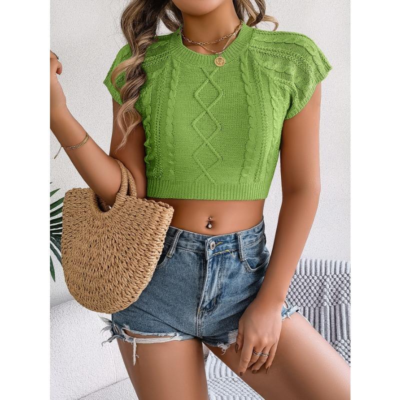 Spring Summer Women's Casual Solid Colour Twist Short Sleeve Knit Holiday Short Cord Top