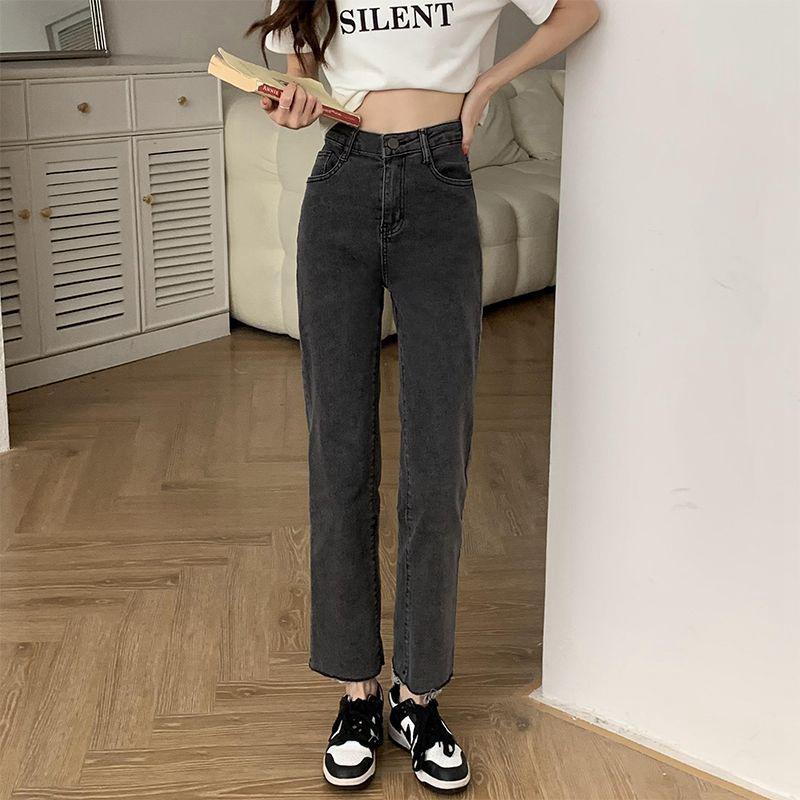 Сине-серые узкие прямые джинсы с высокой талией для женщин - эластичные брюки-сигареты с необработанным краем на осень/зиму (Маленький размер)