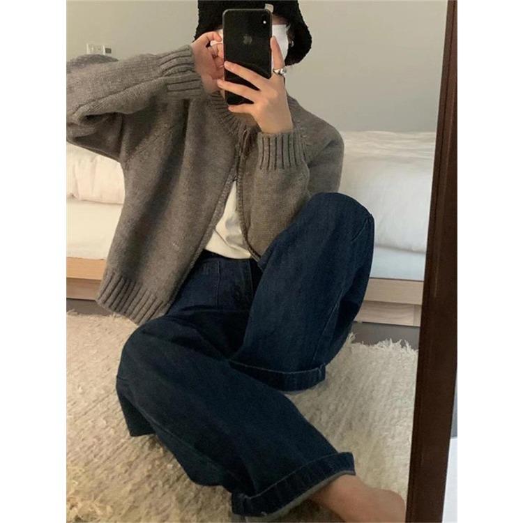 Korean Style Short Solid Color Knitted Sweater for Women New Double Zipper Knitted Cardigan Top