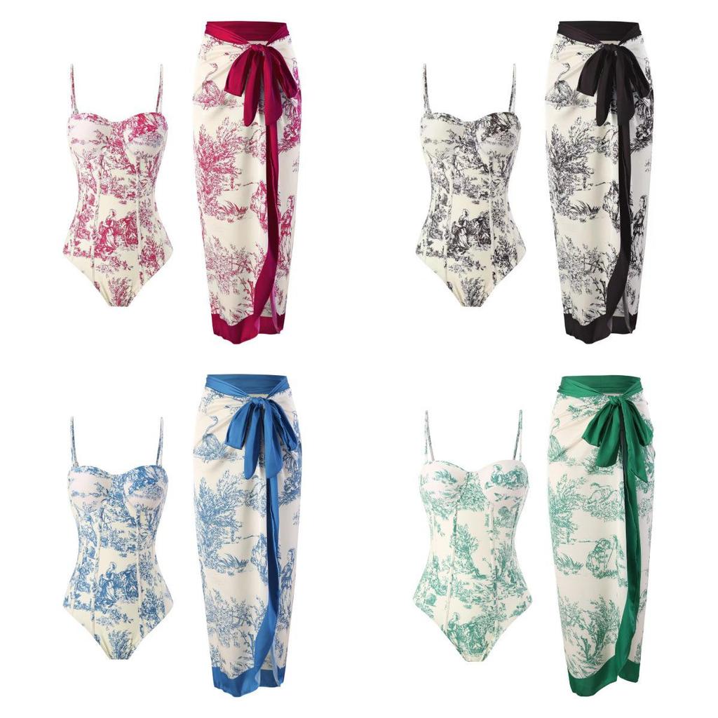 2023 Retro Print Women's Swimwear: One-Piece Swimsuit and Bikini with Sun Protection Long Dress - Two-Piece Set