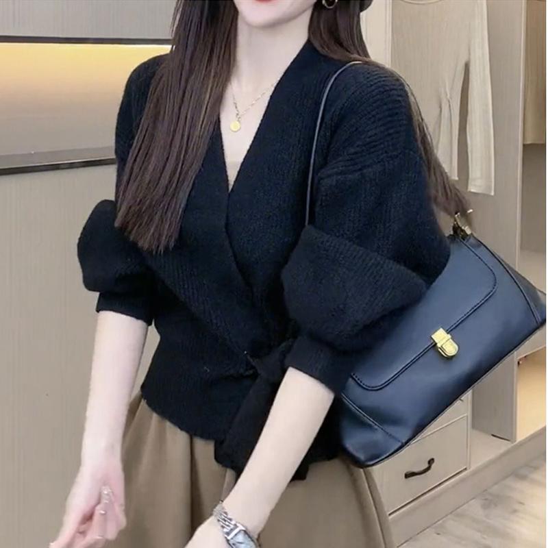 Усовершенствованный свитер, трикотаж, женский вязаный кардиган, осень-зима, галстук с v-образным вырезом, милые короткие вязаные топы с длинными рукавами