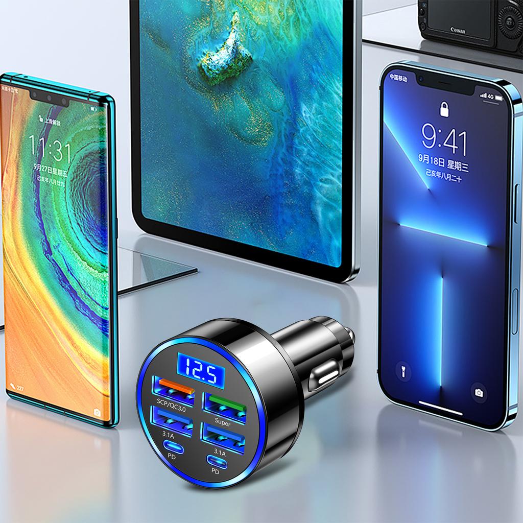 Автомобильное зарядное устройство 100 Вт, 6 портов USB C, адаптер для телефона, 4 USB, 2 PD, адаптер прикуривателя для мобильных телефонов, планшетов и других USB-устройств