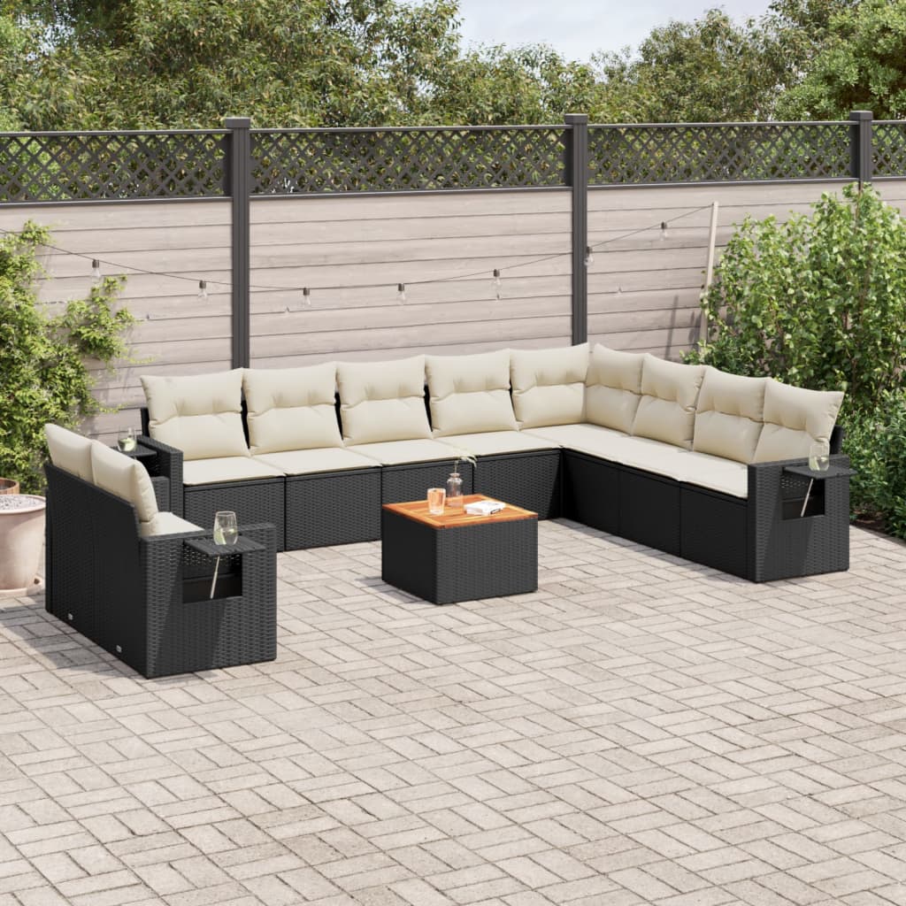 11 piece Garden Sofa Set with Cushions Black Poly Rattan
