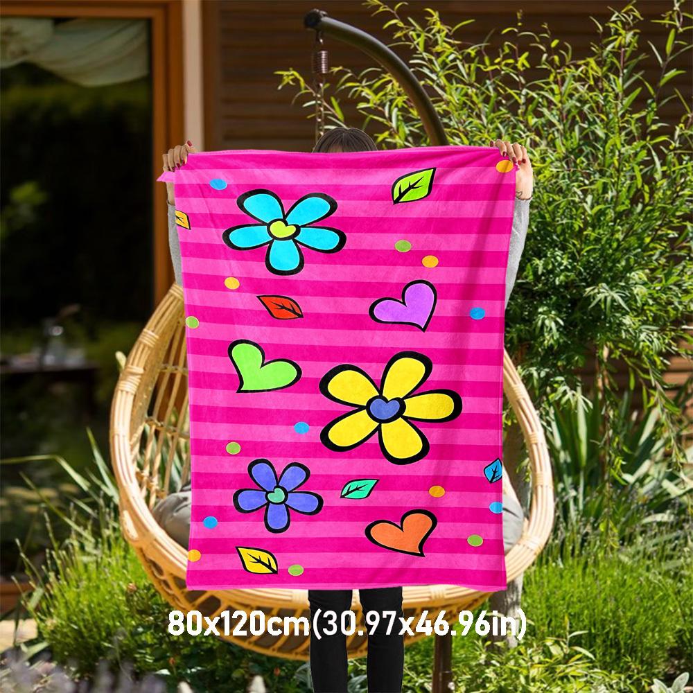 1pc flowers hearts Outdoor Flannel Blanket Soft Warm All-Season Throw for Sofa Bed Car Camping Office, Cozy Gift Idea1301S
