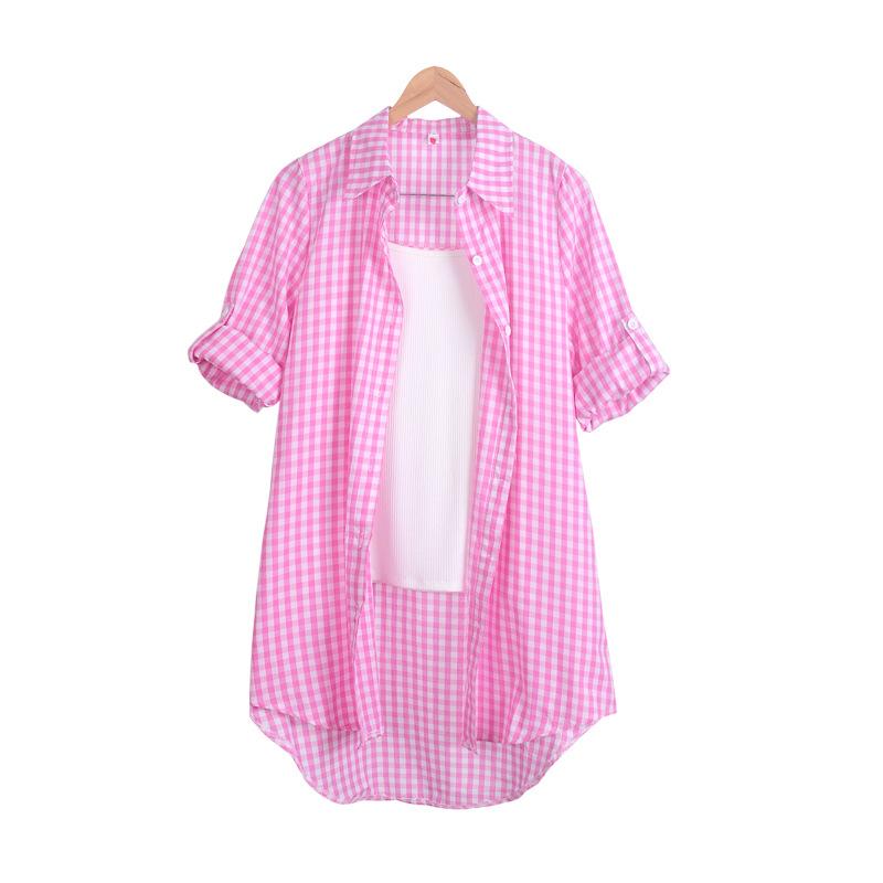 Plaid shirt women's medium and long foreign style fashion design sense spring and autumn thin coat cardigan pure cotton shirt