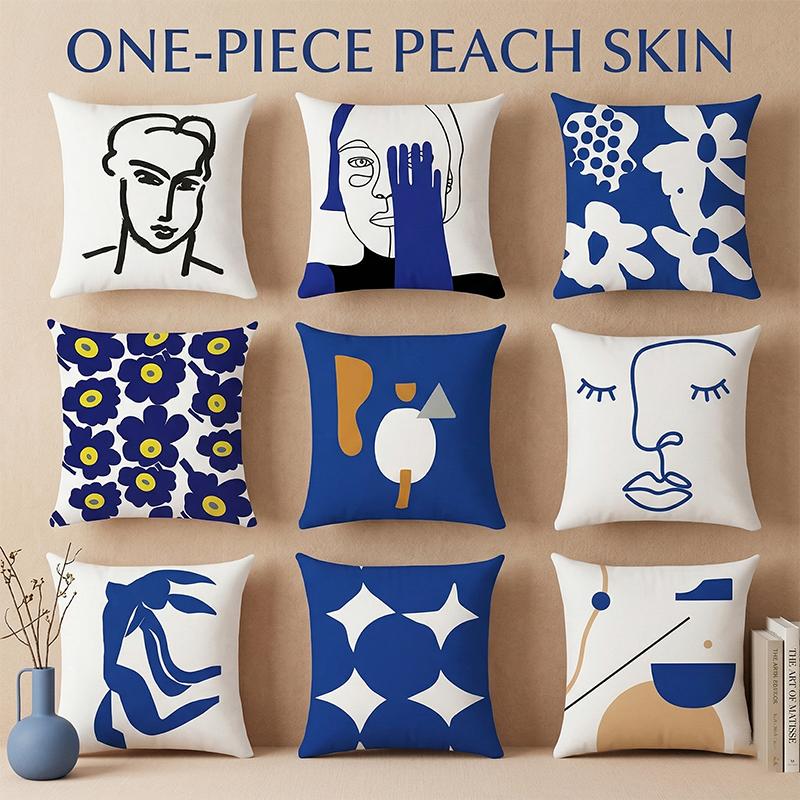 Abstract Face Line Art Cushion Cover Blue White Geometric Peach Skin Throw Pillow Case For Living Room Sofa Home Decor 40X40Cm