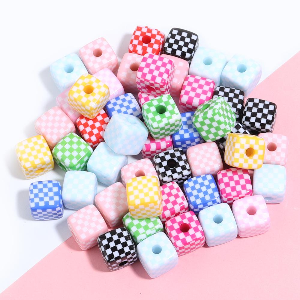 10Pcs 13mm Acrylic Beads Colorful Checkerboard Pattern Large Hole Square Beads For Craft Bracelet Making DIY Jewelry Accessories