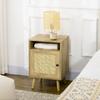 Bedside Table With Rattan Element Side End Table With Shelf And Cupboard 39cmx35cmx60cm Natural