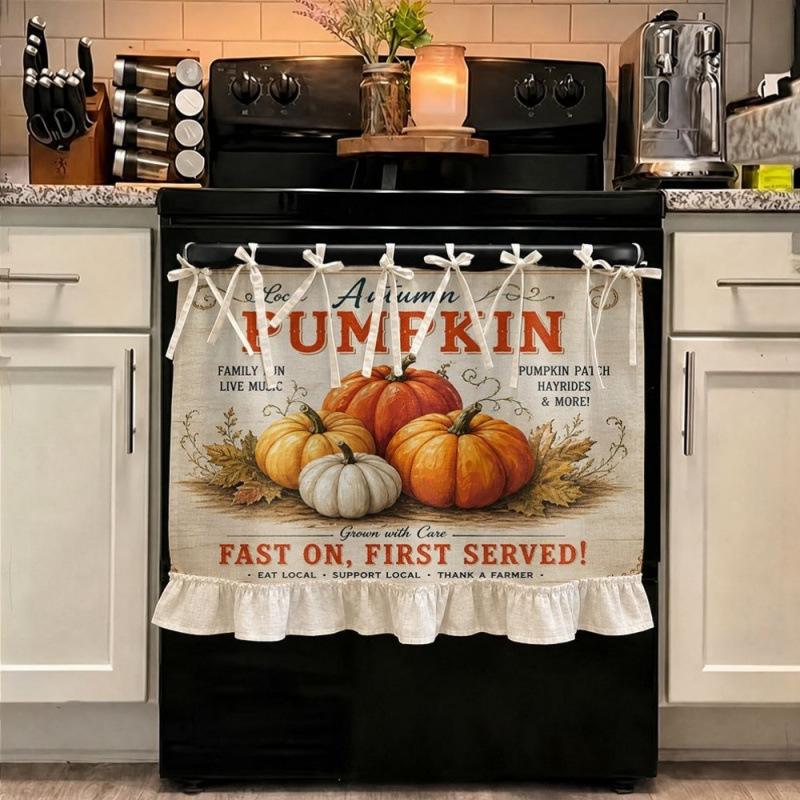 2D Halloween Autumn Pumpkin Pattern Oven Protective Curtain Dishwasher Cabinet Decor Cover Kitchen Tie Top Short Valance Curtain for Home Decoration