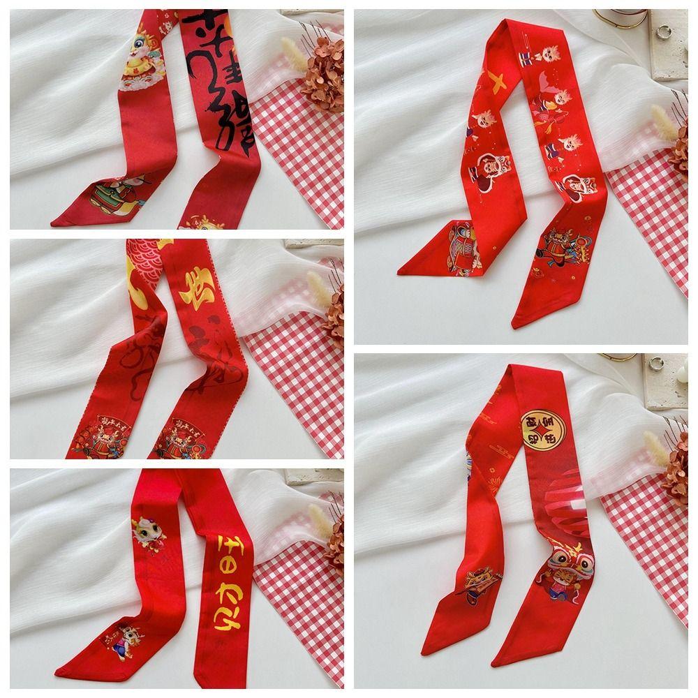 Printed New Year Red Silk Scarf New Year Scarves Scarf Hair Band Long Scarf New Year Decoration