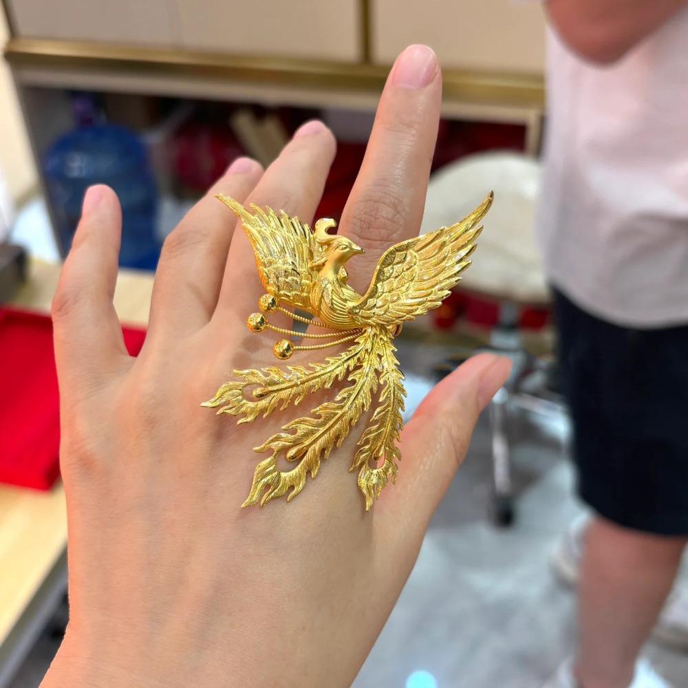 Ancient Sand Gold Craft Phoenix Dance Nine Days Ring New Chinese Court Style Gradual Change Enamel Color Point Feather Gold Phoenix Ring