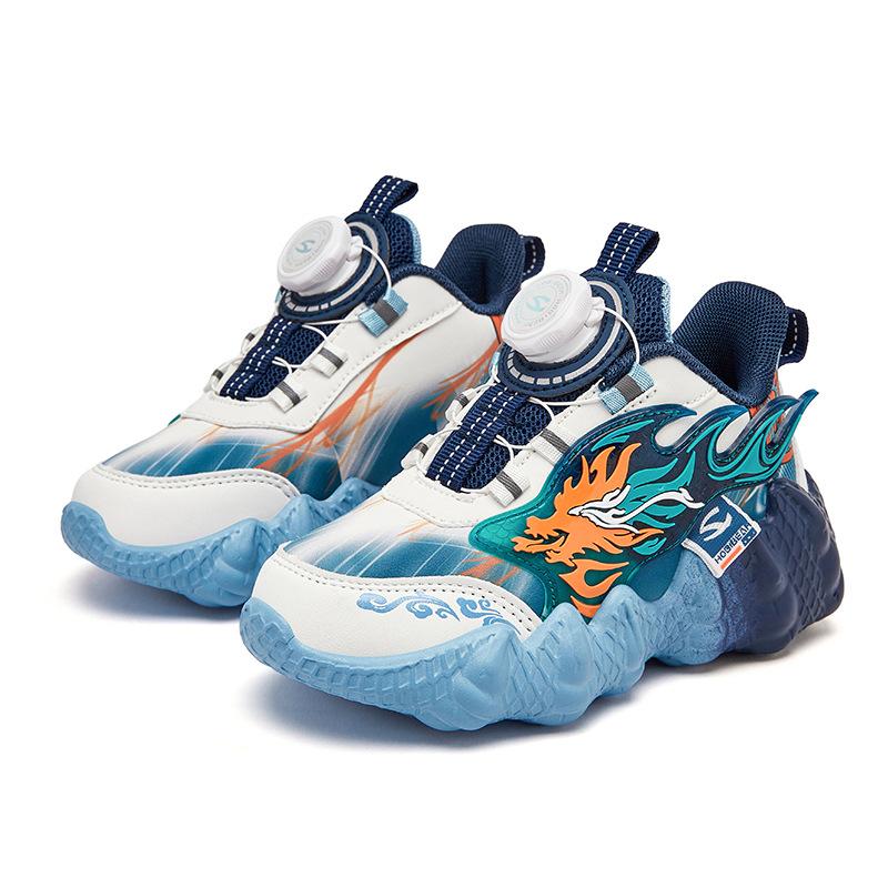Kids Sports Shoes Rotary Buckle Sneakers Dragon Pattern Synthetic Leather Casual Shoes For Boys Girls Running Walking Shoes