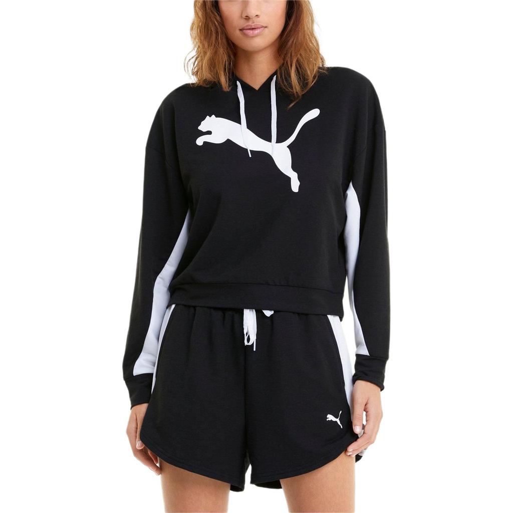 Puma Свитшот с капюшоном и принтом логотипа, цветными блоками, с завязками на шнурке, с длинным рукавом, женский свитшот, черный 588721-01