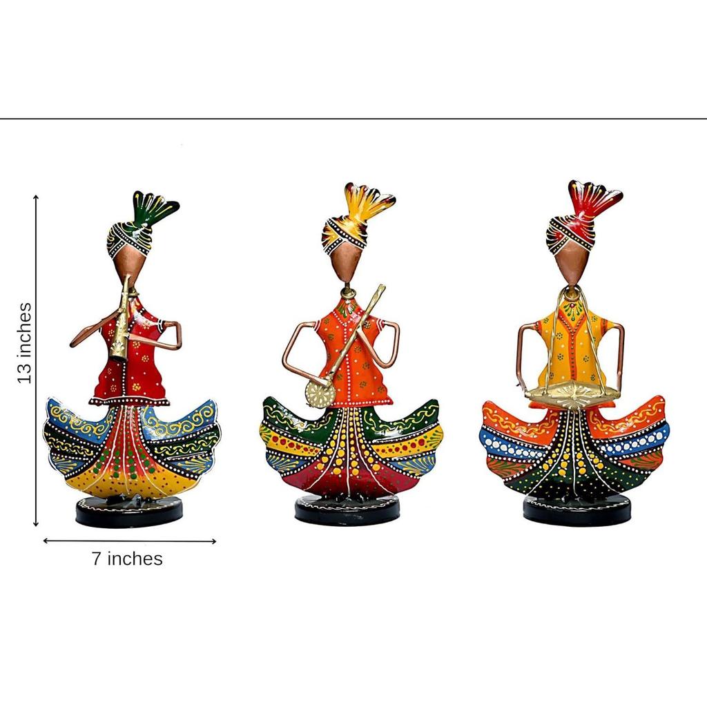 Расписанные вручную племенные музыканты из железа, декоративный предмет, экспонат для домашнего декора, подарок, многоцветный (Длина 7 дюймов*Высота 13 дюймов) - Набор из 3 шт., Винтаж