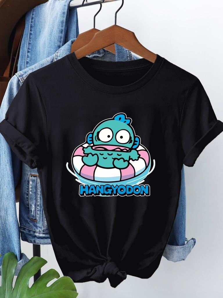 Women'S  HANGYODON Graphic T-Shirt Casual Crew Neck Short Sleeve Tee with Playful Green Character Design Playful Print Trendy