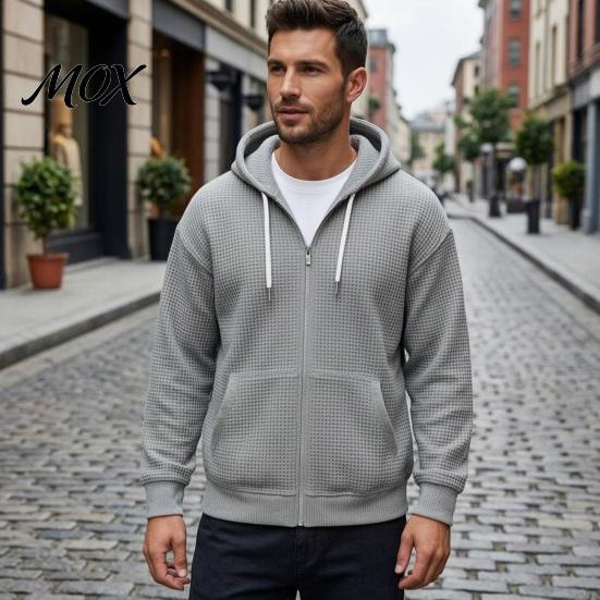 Mens Casual Waffle Jacket Men's Hooded Jacket, Solid Knit Zip Up Hoodie with Adjustable Functional Utility Storage Hood & Pockets, Long Sleeve
