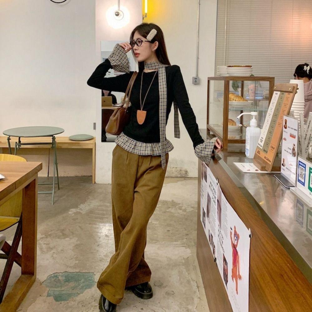 Майки Футболка с имитацией двойки Клетчатая с оборками Приталенный топ Мягкий топ с длинным рукавом Женский