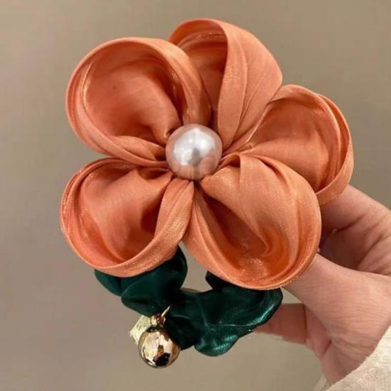 Hair Tie Handmade Satin Flower Decor Hair Tie with Imitation Pearls Large Elastic Soft Hair Band Autumn Winter Hair Accessories
