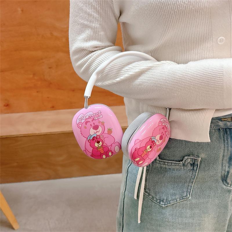 Применимый чехол для наушников Apple AirPods Max, чехол для наушников, милый мультяшный клубничный медведь, мягкий чехол, защитный чехол, женский