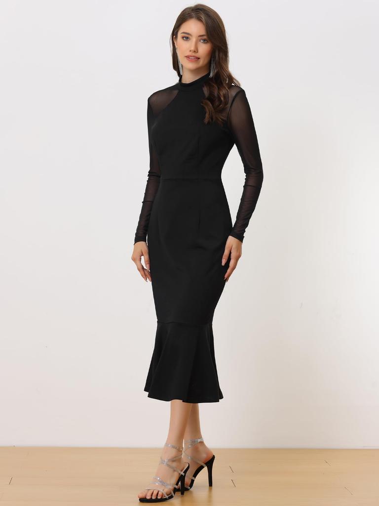 Allegra K Women's Elegant Mermaid Dress with Sheer Mesh and Long Sleeves, Black, Size M