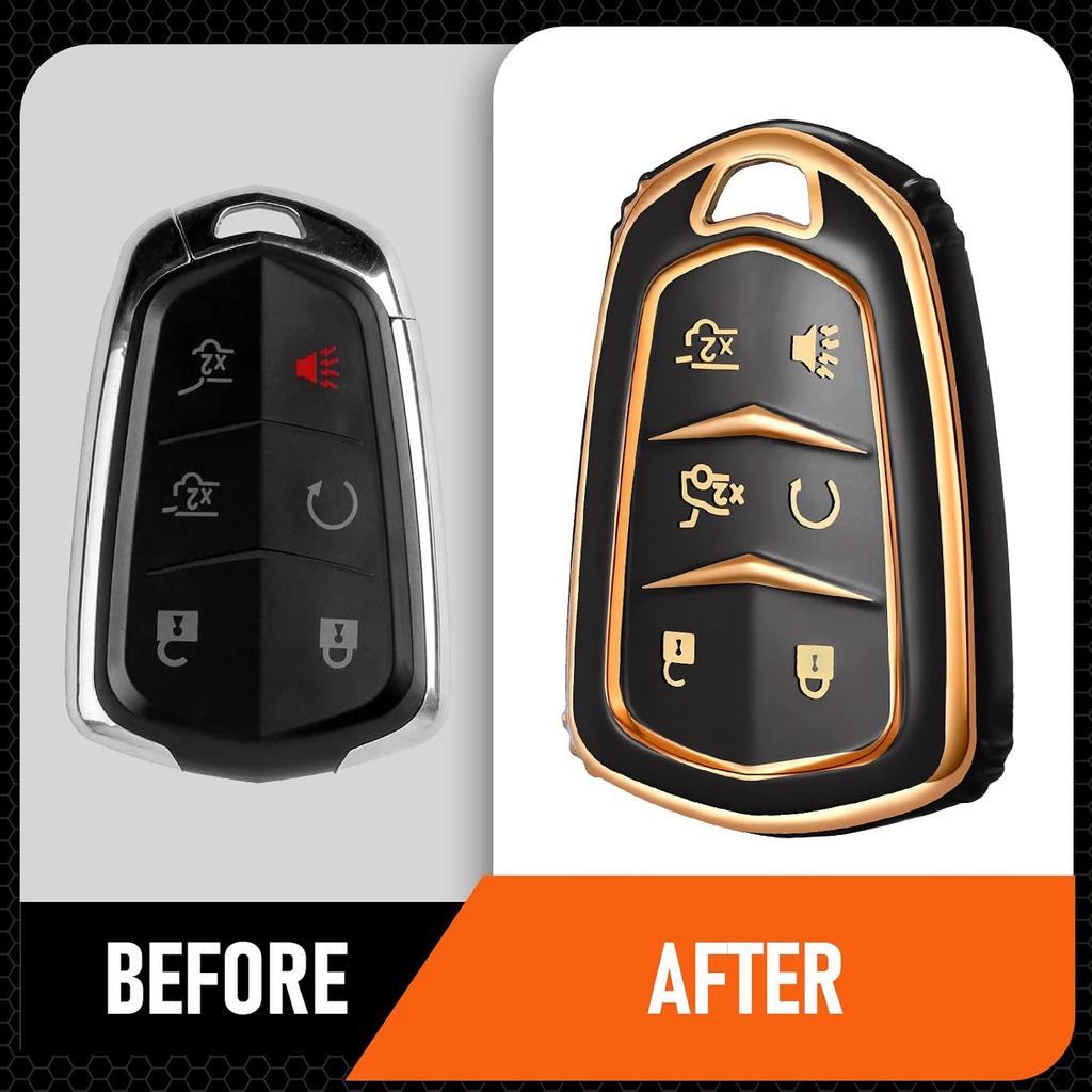 Key Fob Cover Keychain Accessories for Cadillac for Cadi Escalade ESV 6 Buttons, TPU Case(Black)