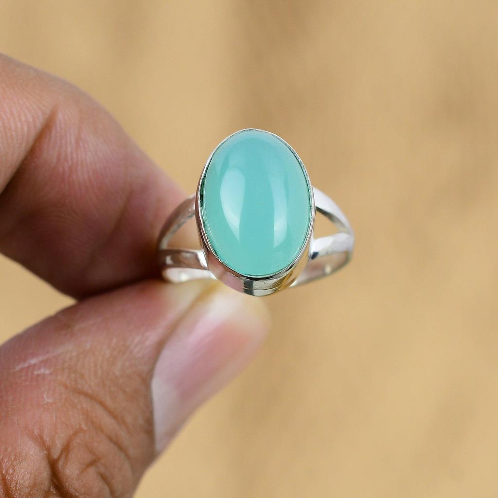 Натуральный зеленый халцедон Бохо Кольцо обещания Свадебное кольцо Размер 7,75 Серебро 925 пробы