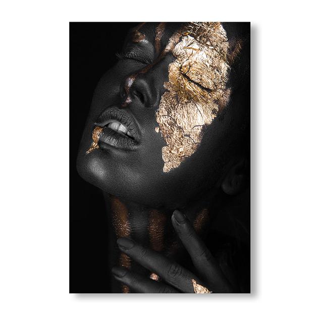 Scandinavian Poster African Art Black and Gold Female Oil Painting Interior Decoration Cuadros Modern Wall