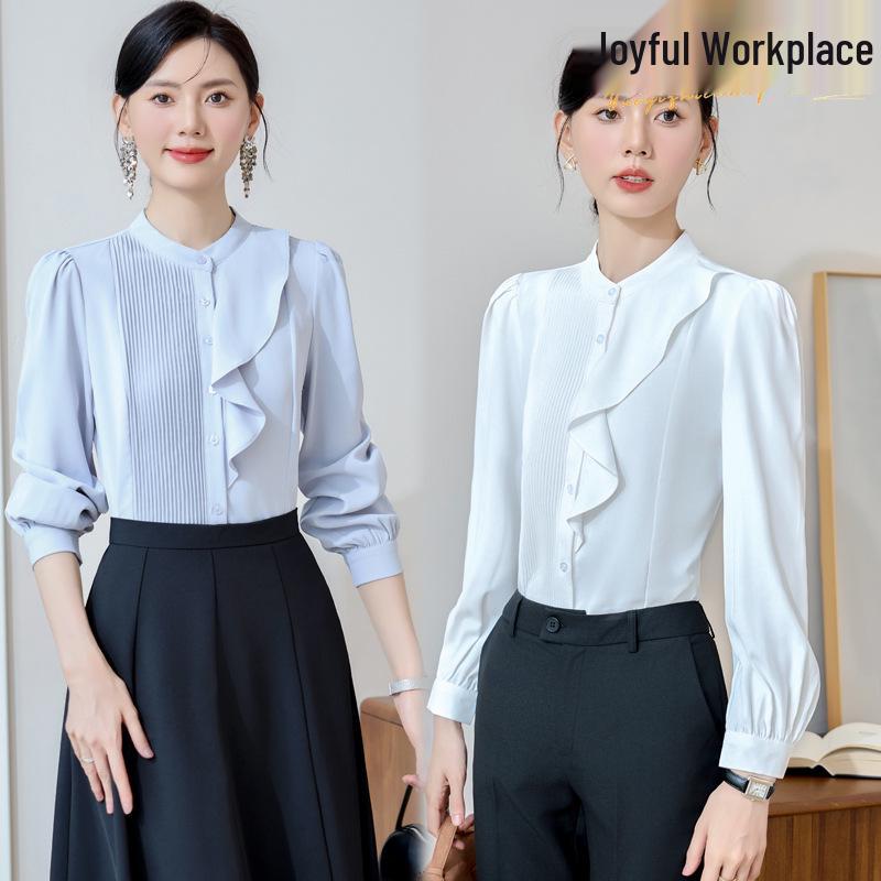 2024 Elegant White Chiffon Blouse - Women's Slimming Long Sleeve Shirt for Spring & Autumn