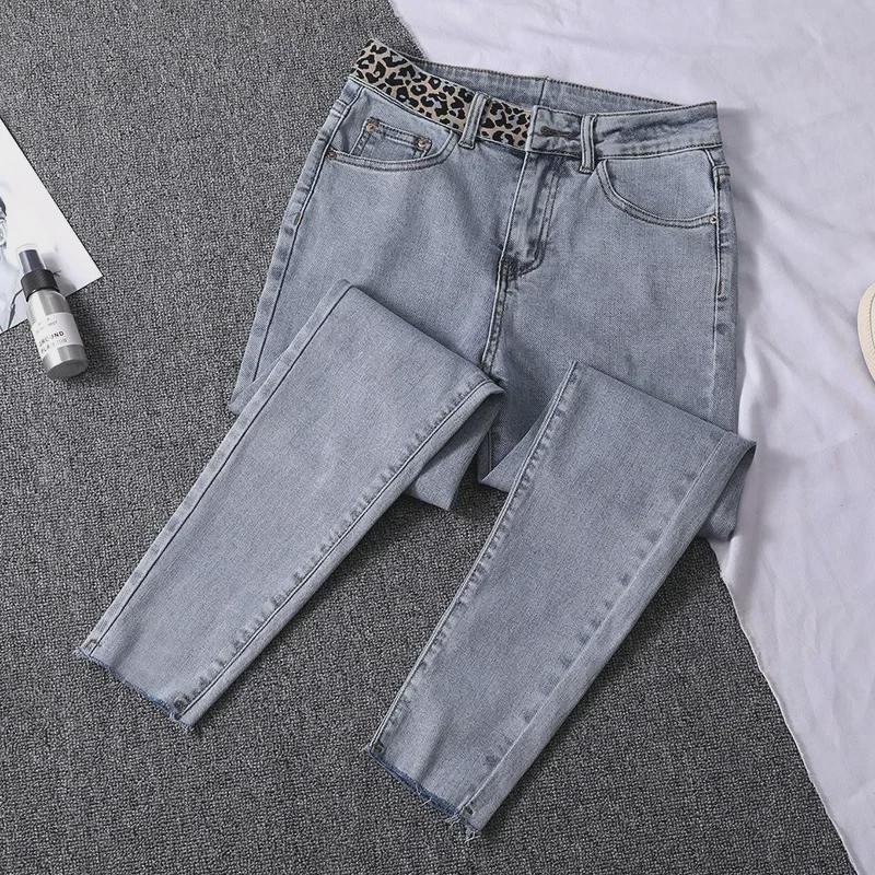 Новые женские узкие джинсы дымчато-серого цвета с высокой талией и эластичной строчкой с леопардовым принтом