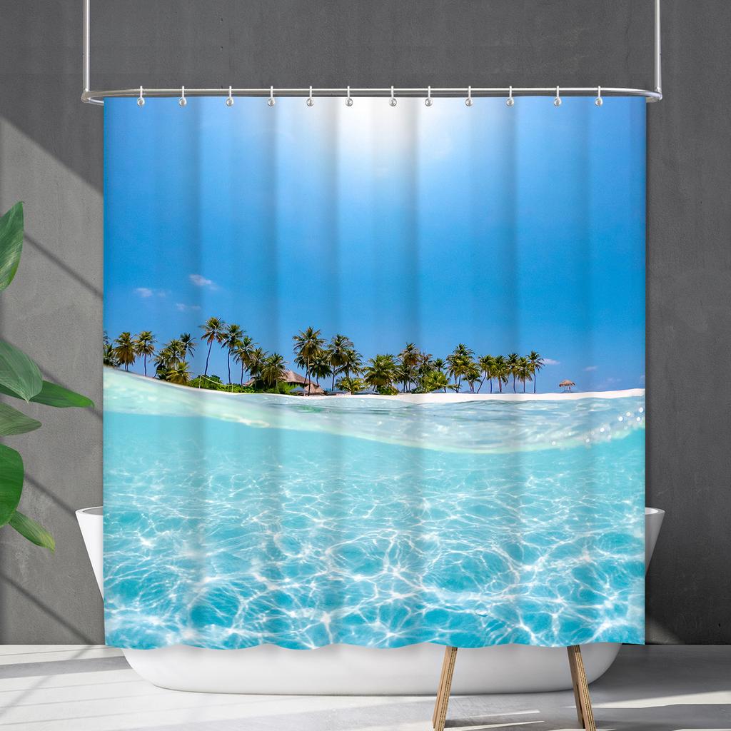 Shower Curtain Waterproof And Mildew-Proof Coconut Tree Beach Beach Bathroom Shower Curtain Shower Curtain Partition Curtain Free Punching