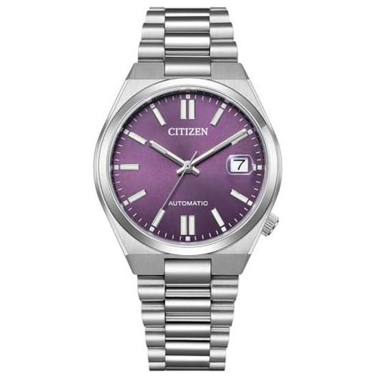 Мужские наручные часы CITIZEN COLLECTION NJ0200-50W Механические Водонепроницаемые TSUYOSA 37мм Автоматические с автоподзаводом Сквозная задняя крышка Дата Серебристый Фиолетовый