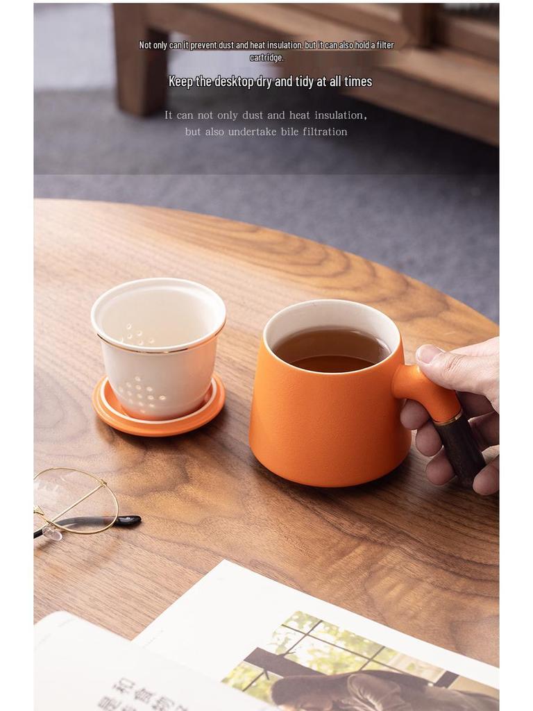 Подарочный набор керамических чашек в китайском стиле с крышкой и деревянной ручкой - Чайная чашка из трех частей с фильтром