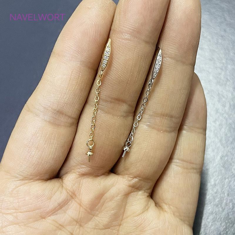 14K Gold Plated Pearl Ear Wire Mounting with Chain Inlaid Zircon Long Chain Tassel Threader Earrings Hooks Findings