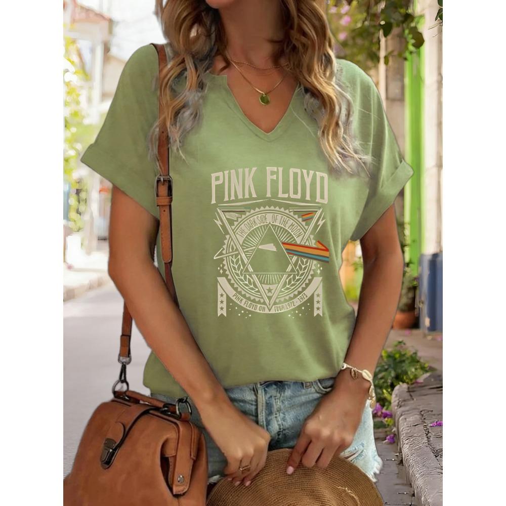 Женская футболка с V-образным вырезом и принтом "Pink Floyd Dark Side of The Moon", Ретро футболка с принтом рок-группы, Повседневная футболка с коротким рукавом